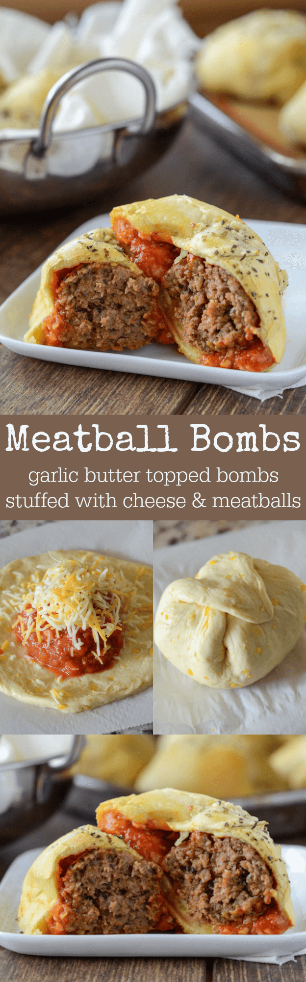 Meatball Bombs - garlic butter topped meatball & cheese stuffed bombs!