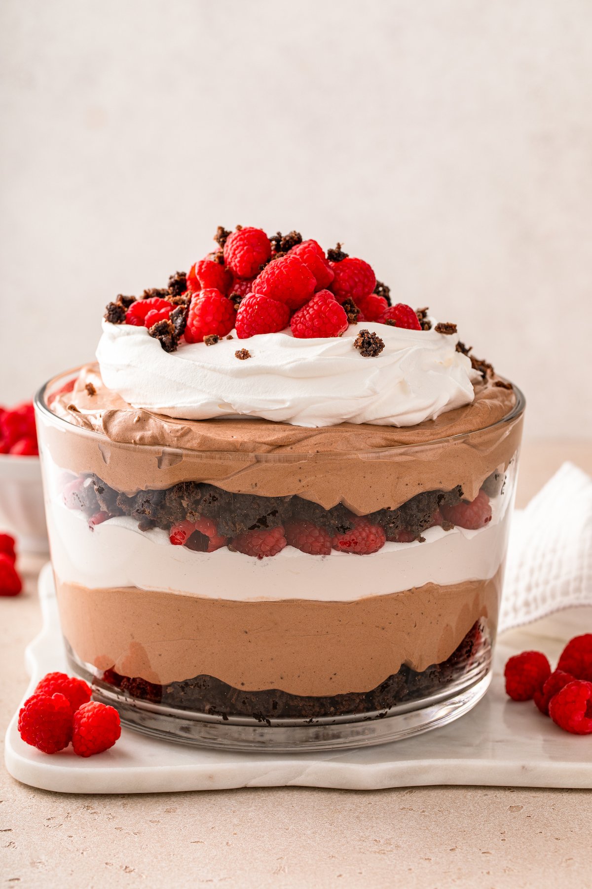 A chocolate trifle with brownies, chocolate pudding, whipped cream and fresh raspberries layered on top of each other in a large bowl.