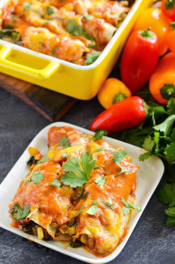 Deux enchiladas végétariennes sur une assiette avec des enchiladas en cocotte derrière elles.