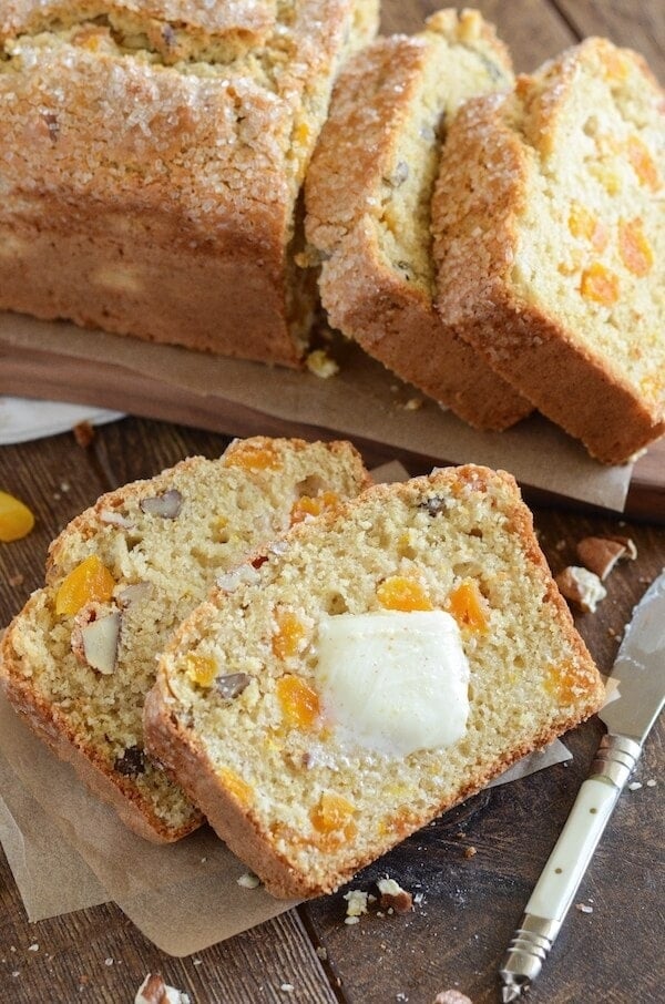 Apricot Pecan Bread! Easy buttermilk quick bread loaded with pecans, dried apricots and orange zest!