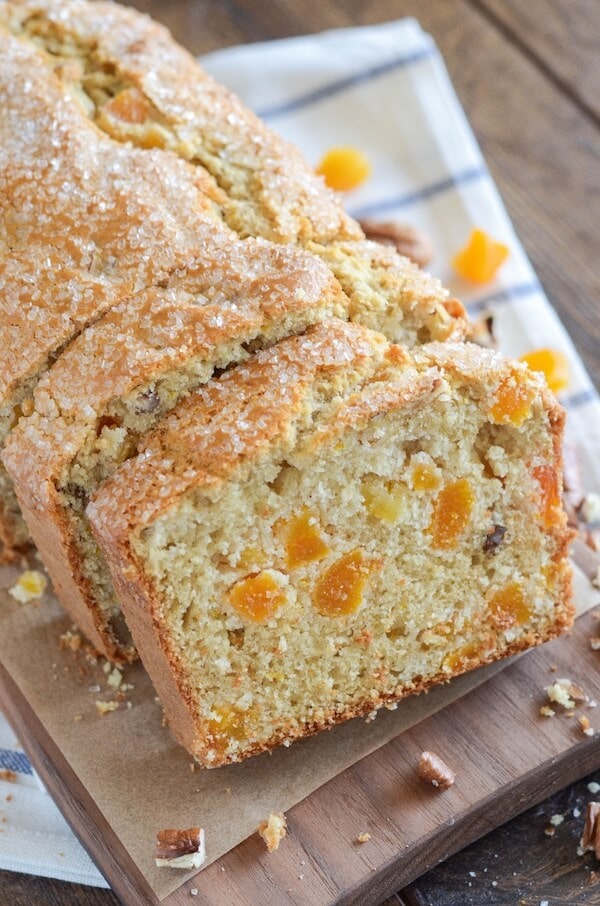 Apricot Pecan Bread! Easy buttermilk quick bread loaded with pecans, dried apricots and orange zest!