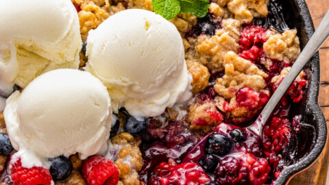 Cobbler with three scoops of ice cream.