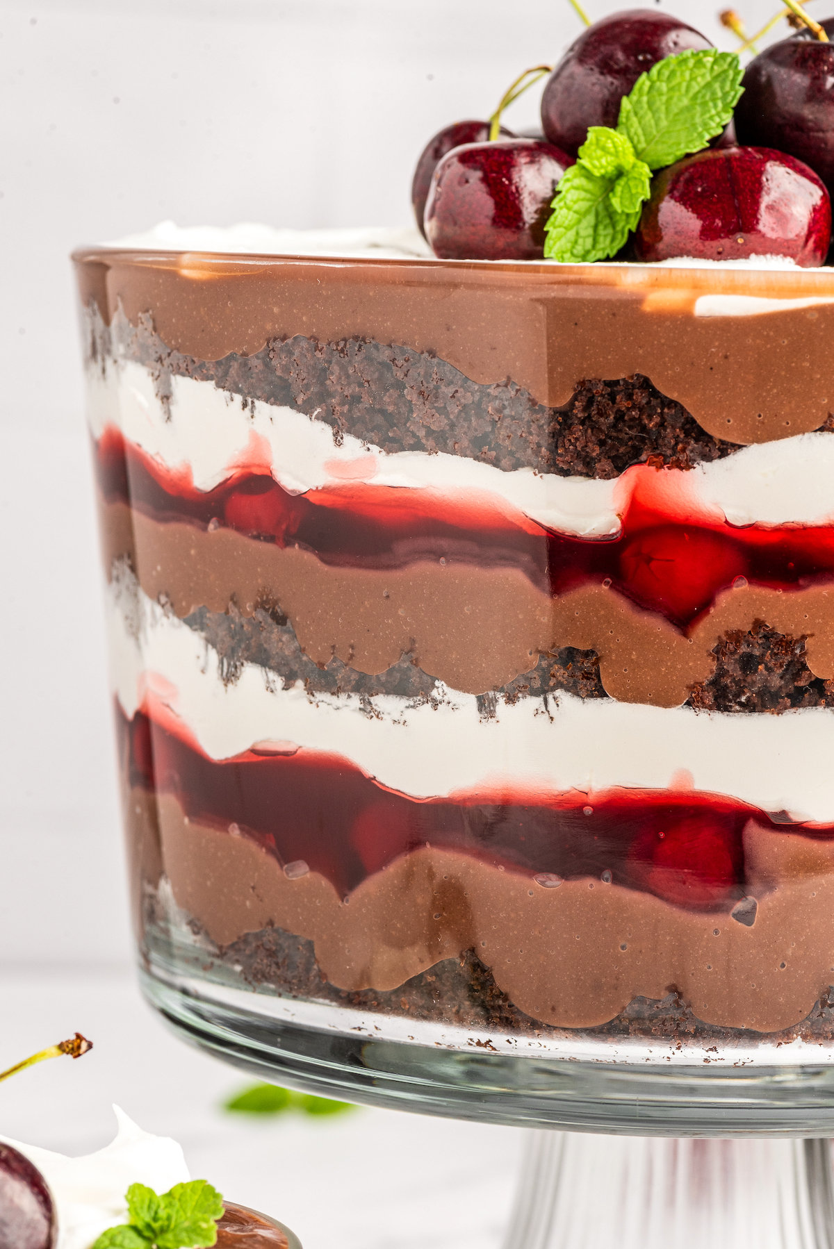 A layered chocolate and cherry dessert in a glass dish, topped with fresh cherries.