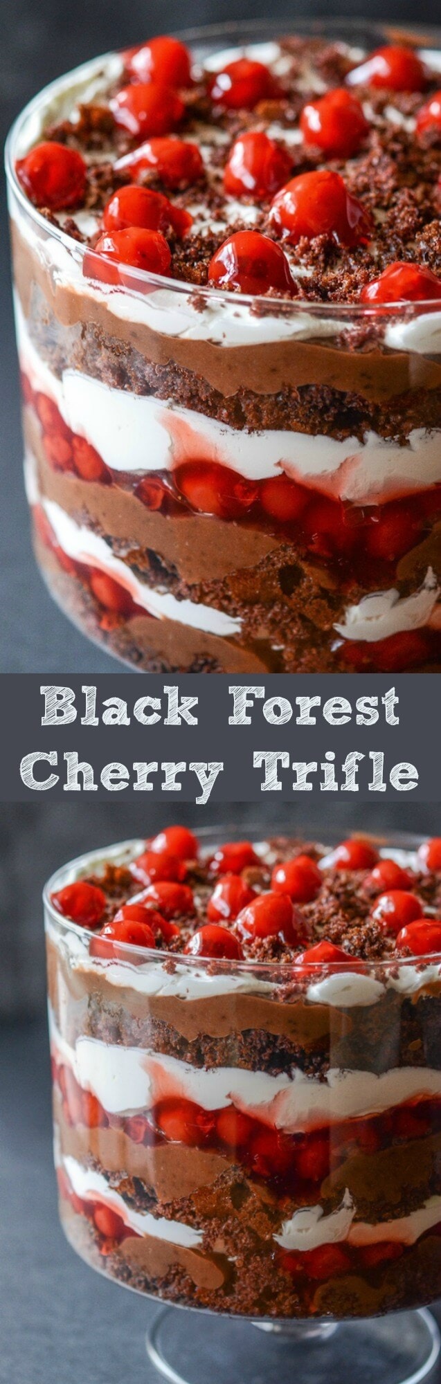 Black Forest Trifle - layers of chocolate cake, chocolate pudding, whipped cream and cherry filling! 