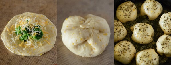 Flatted biscuit dough being stuffed with broccoli and cheese, then rolled up and baked.