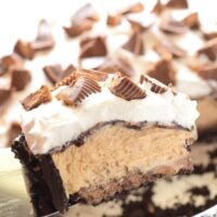 A slice of No-Bake Reese's Peanut Butter Pie with the rest of the pie in the background.