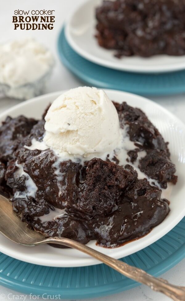A Plate of Brownie Pudding with a Scoop of Vanilla Ice Cream