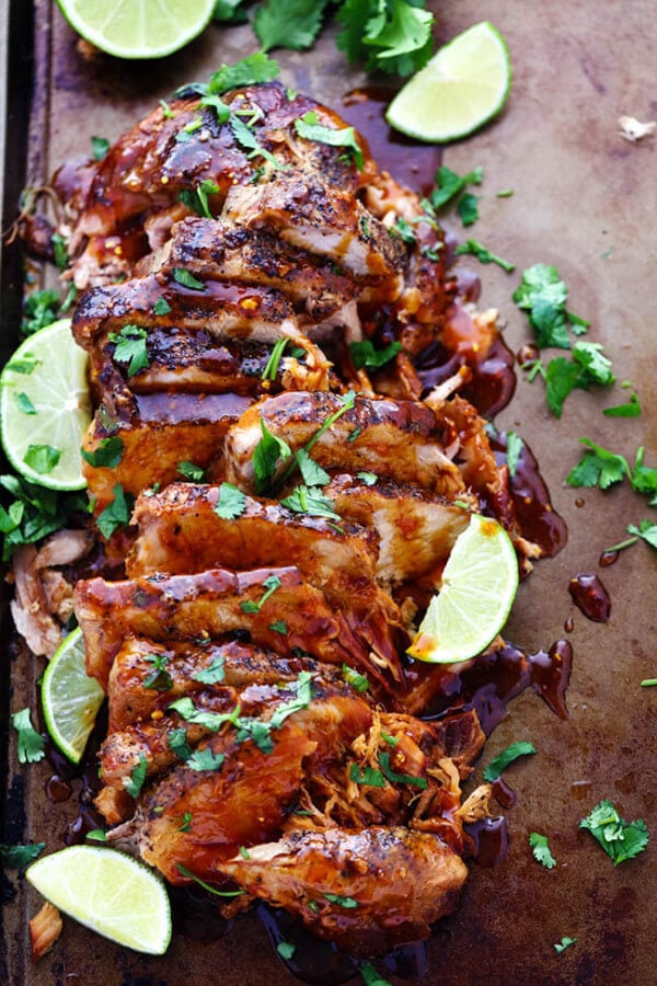 Honey Lime Ginger Pork on a Pan with Lime Slices
