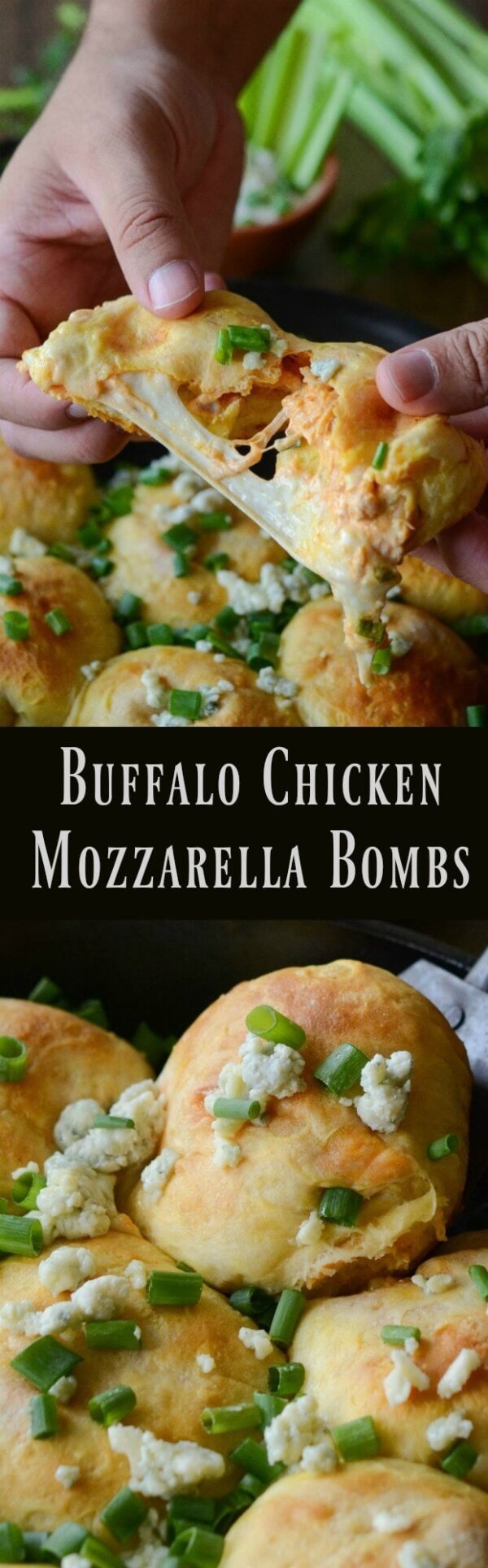 Pinterest graphic with two photos of buffalo chicken mozzarella bombs