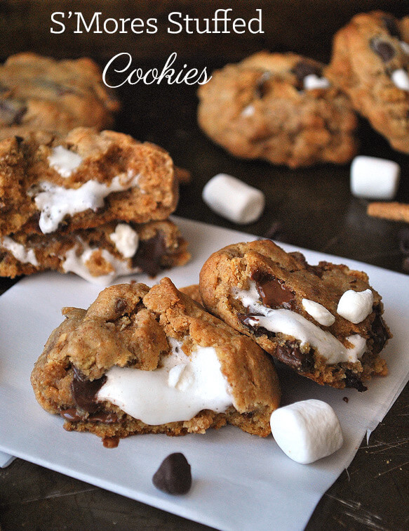 Two S'mores Stuffed Cookies on a Napkin