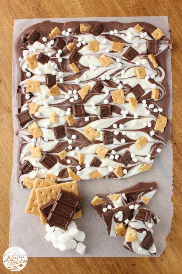 Triple Chocolate S'mores Bark on a Piece of Parchment Paper