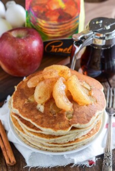 Apple Pie Pancakes with warm bites of cinnamon apples cooked inside!