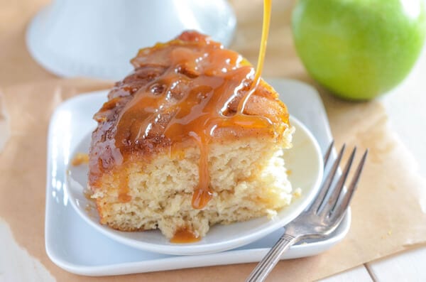 Apple Upside Down Cake! Spiced brown sugar apples with a sour cream cake.