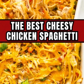 Tongs are lifting a cheesy serving of baked pasta with chicken.