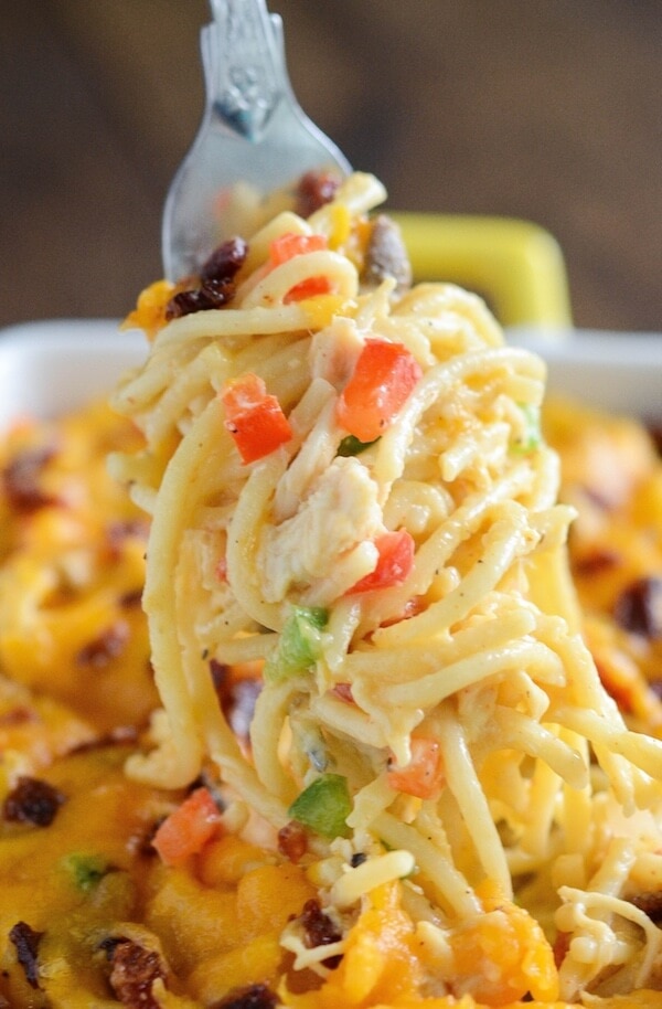 The Best Chicken Bacon Spaghetti - creamy chicken spaghetti with bacon and cheese!