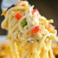 The Best Chicken Bacon Spaghetti - creamy chicken spaghetti with bacon and cheese!