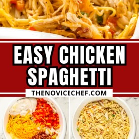 Several images depict the process of cooking spaghetti casserole.