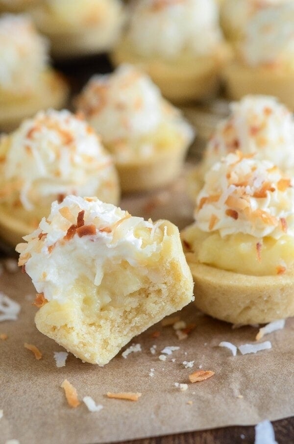 Coconut Cream Pie Cookie Cups - the perfect bite size combination of two classic desserts — coconut cream pie and sugar cookies!