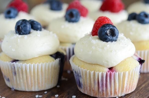 Razzleberry Cupcakes - Raspberry and Blueberry Cupcakes with fluffy cream cheese frosting!