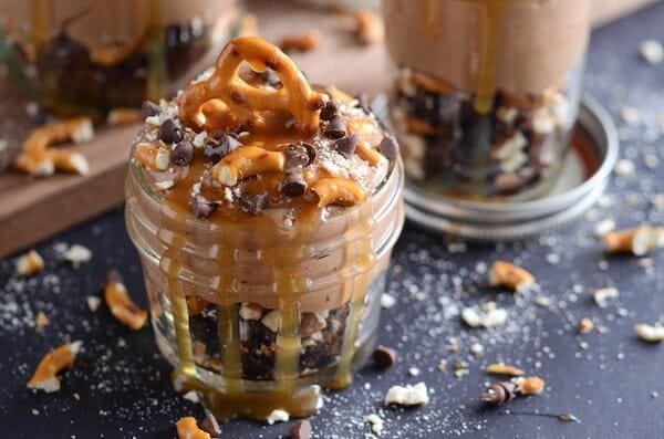 Chocolate Brownie Peanut Butter Pretzel Trifle topped with Caramel Sauce! Salty and Sweet!