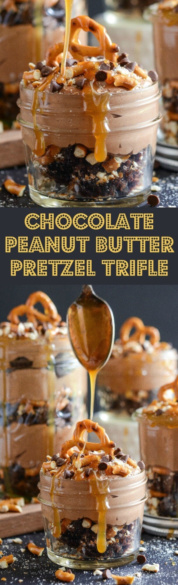 Chocolate Brownie Peanut Butter Pretzel Trifle topped with Caramel Sauce! Salty and Sweet!
