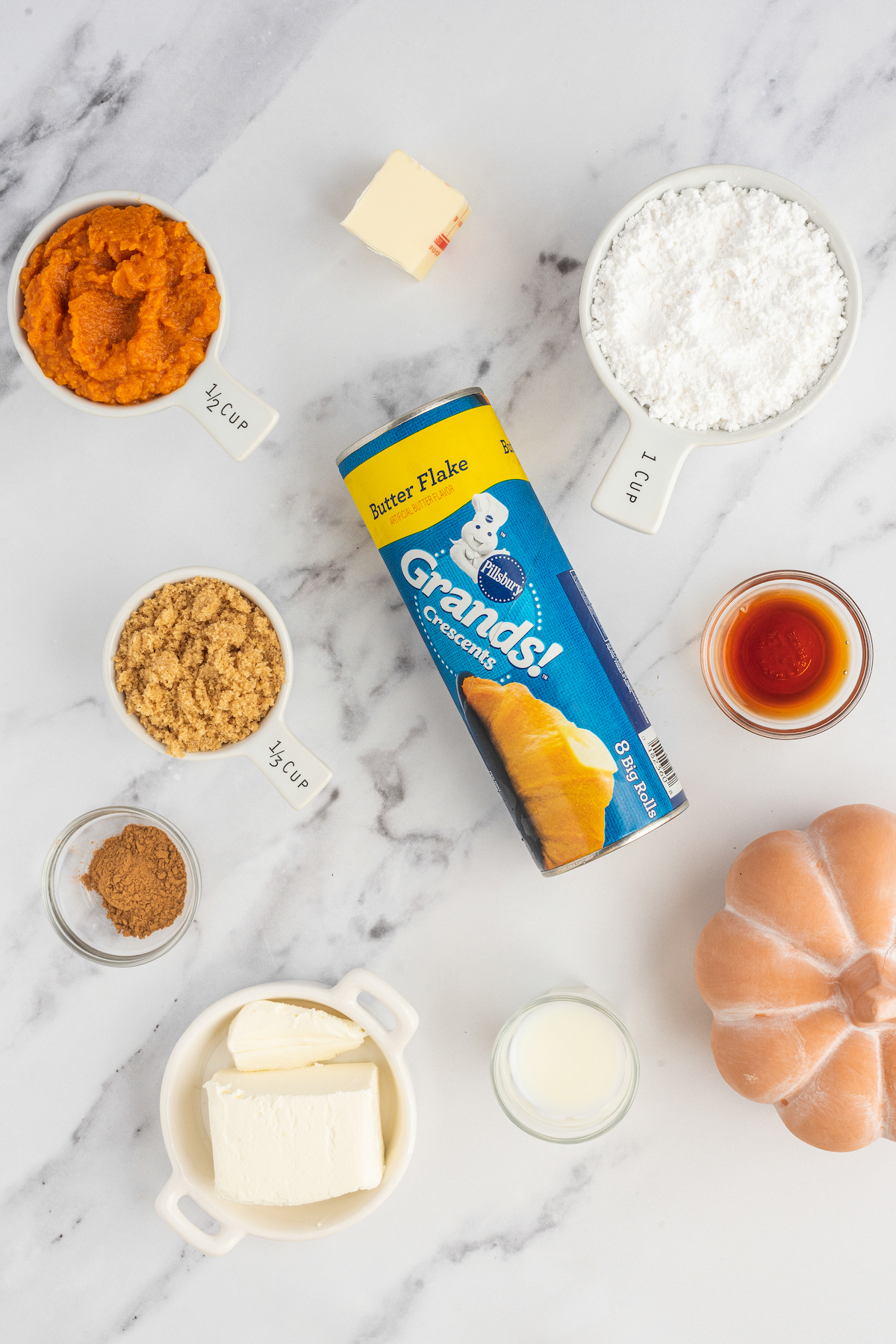 Ingredients for pumpkin cinnamon rolls.