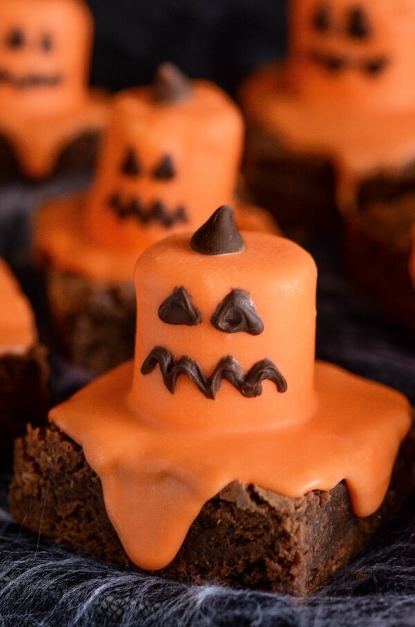 A Close-Up Shot of a Jack O' Lantern Brownie with a Squiggly Mouth