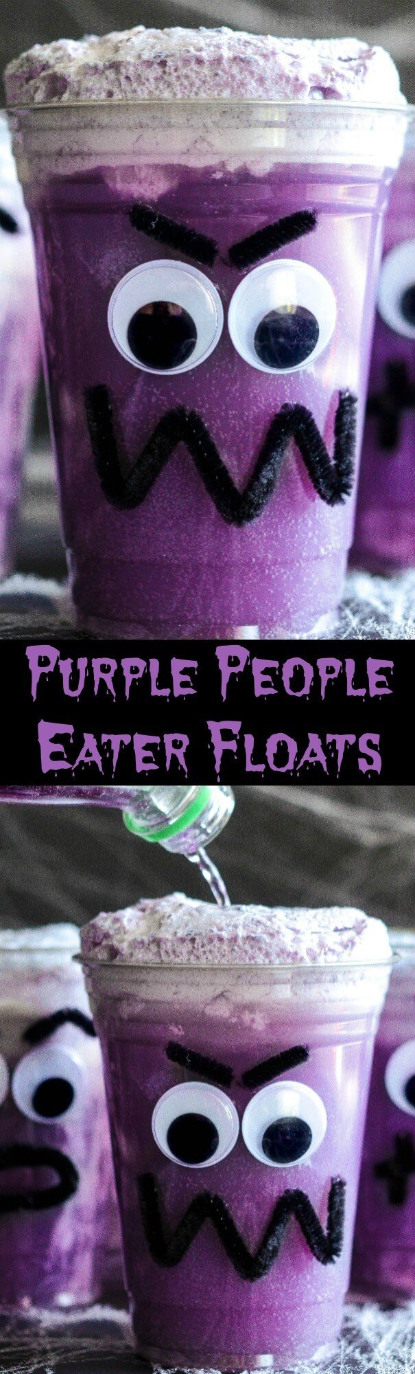Purple People Eater Floats! Create this fun Halloween treat with the kids with pipe cleaners, hot glue, plastic cups, vanilla ice cream and purple grape soda!