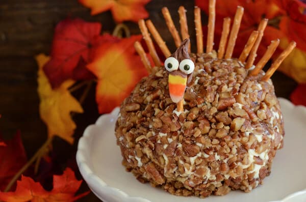 A cheese ball decorated to look like a turkey on a plate, with fall leaves in the background.