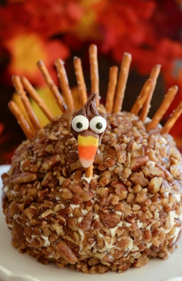 A cheese ball decorated to look like a turkey on a plate, with fall leaves in the background.