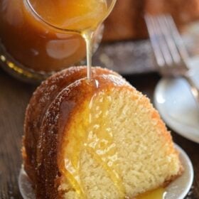 A Slice of Almond Amaretto Pound Cake with a Drizzle of Amaretto Sauce