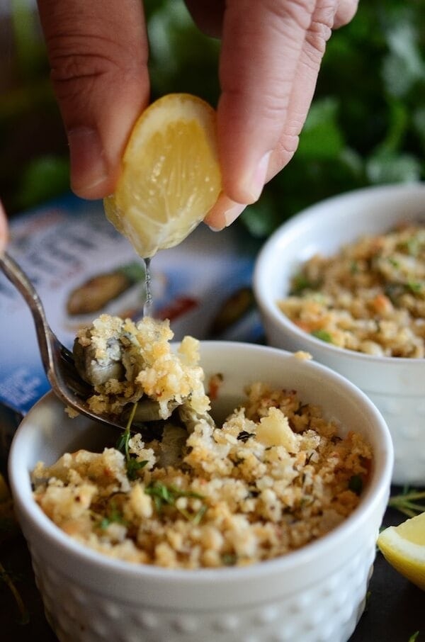 Herbed Baked Oysters with a crispy parmesan breadcrumb topping!