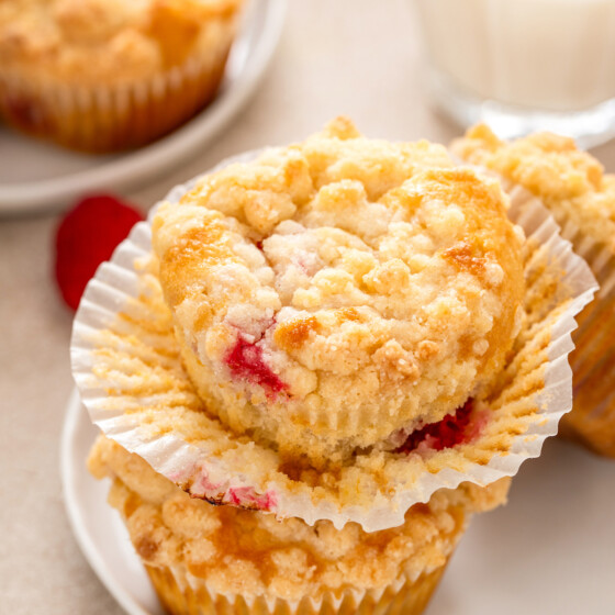 Raspberry muffins with liners.
