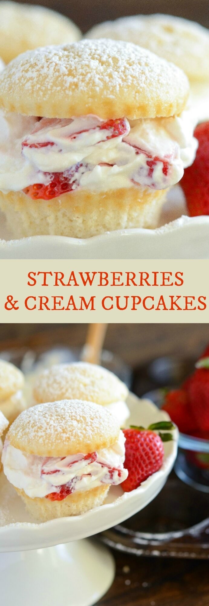 Pinterest title image for Strawberries and Cream Cupcakes