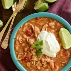 This amazing Taco Ranch Chicken Chili is made with just 5 ingredients in a slow cooker or insta pot! Perfect weeknight dinner!
