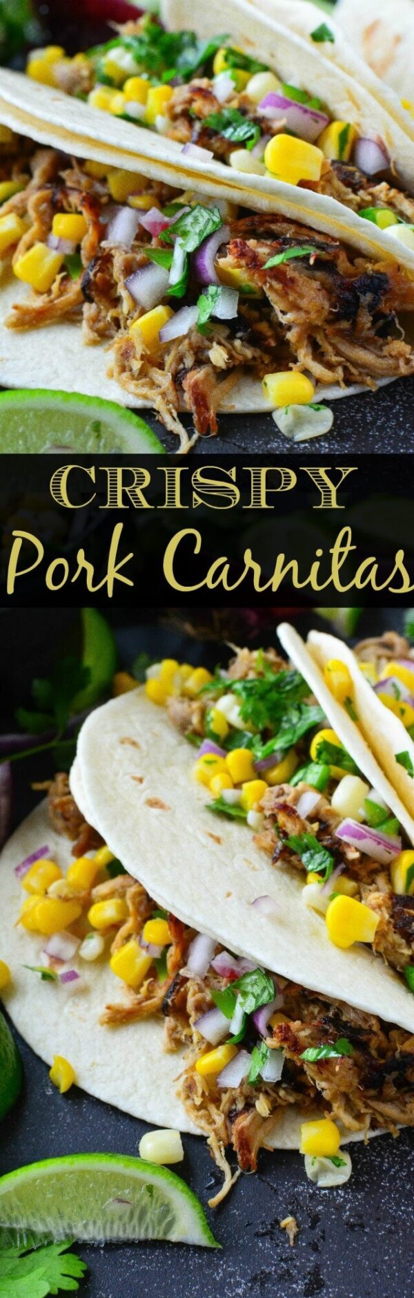 Pinterest graphic with two photos of crispy pork carnitas
