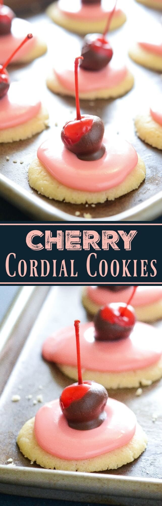 Cherry Cordial Cookies: these intricate looking cookies are surprisingly easy to make. You start with a soft shortbread cookie base, spread them with a creamy cherry cordial icing and top them with a chocolate cherry.