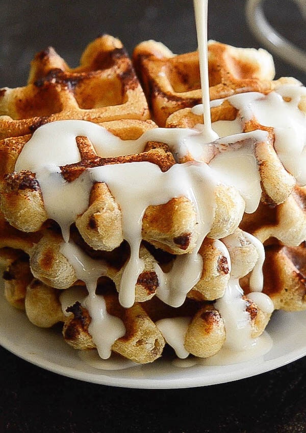 Cinnamon Roll Waffles with Maple Cream Cheese Syrup