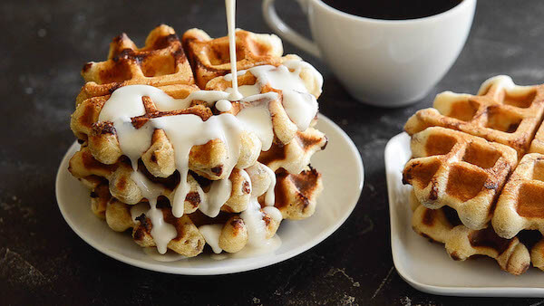 Cinnamon Roll Waffles with Maple Cream Cheese Syrup