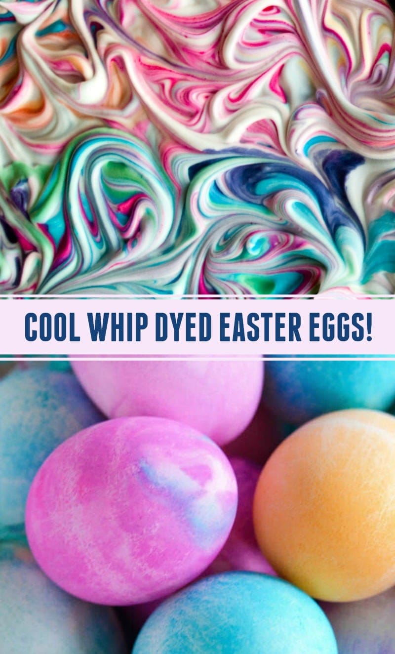 How to use Cool Whip or Shaving Cream to dye Easter Eggs, giving the eggs a unique watercolor look! My kids LOVE to dye eggs this way! #Easter #EasterEggs #CoolWhip #ShavingCream #CoolWhipEasterEggs #DyedEasterEggs