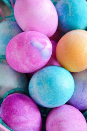 Watercolor Easter Eggs! Easter eggs are dyed using shaving cream and gel food color to create beautiful swirls of color!
