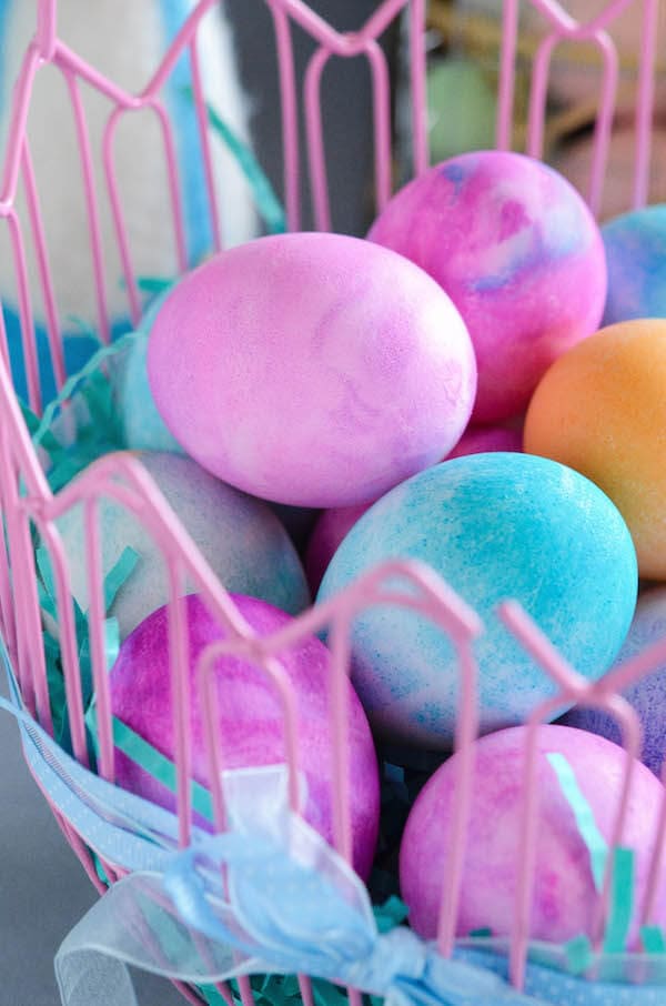 Watercolor Easter Eggs! Easter eggs are dyed using shaving cream and gel food color to create beautiful swirls of color!