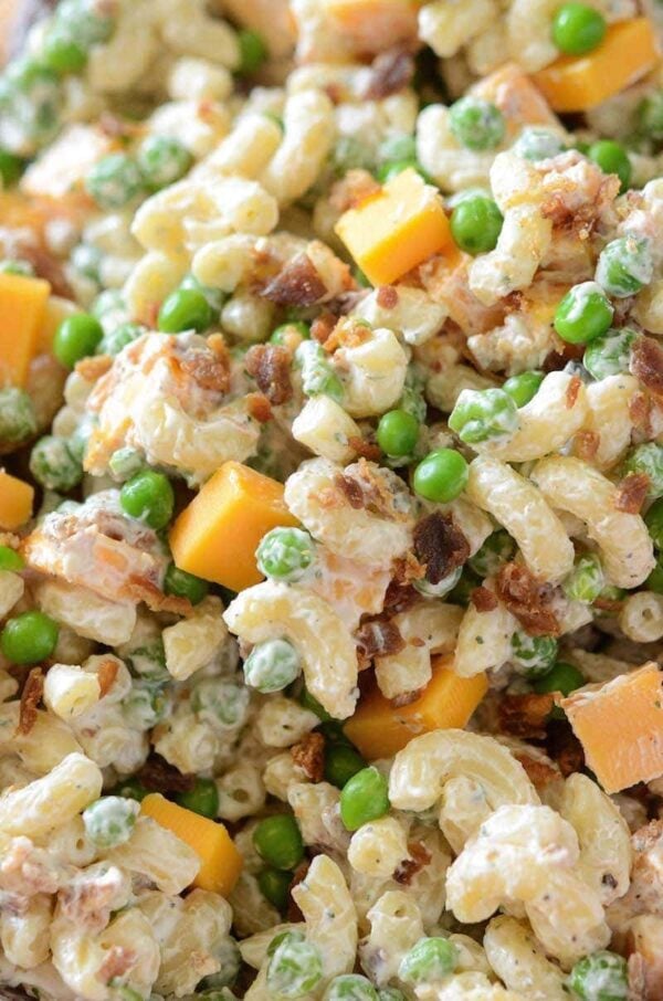 Ranch Pasta Salad with peas, cheese and bacon.