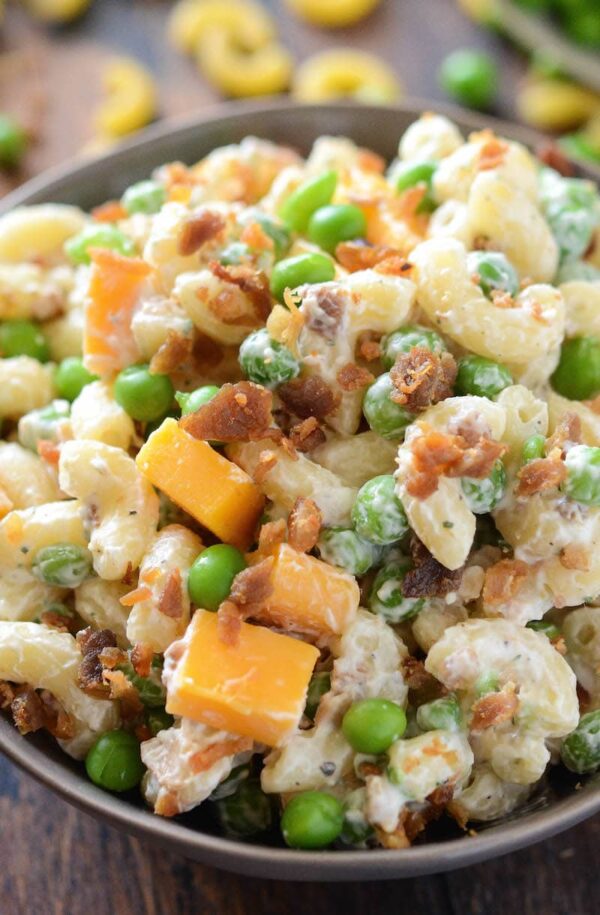 Pasta salad close up photo in a bowl. 