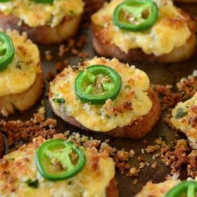 Jalapeño Popper Crostini! Buttery crostini toast topped with jalapeño popper dip and seasoned bread crumbs...then toasted till crispy perfection!