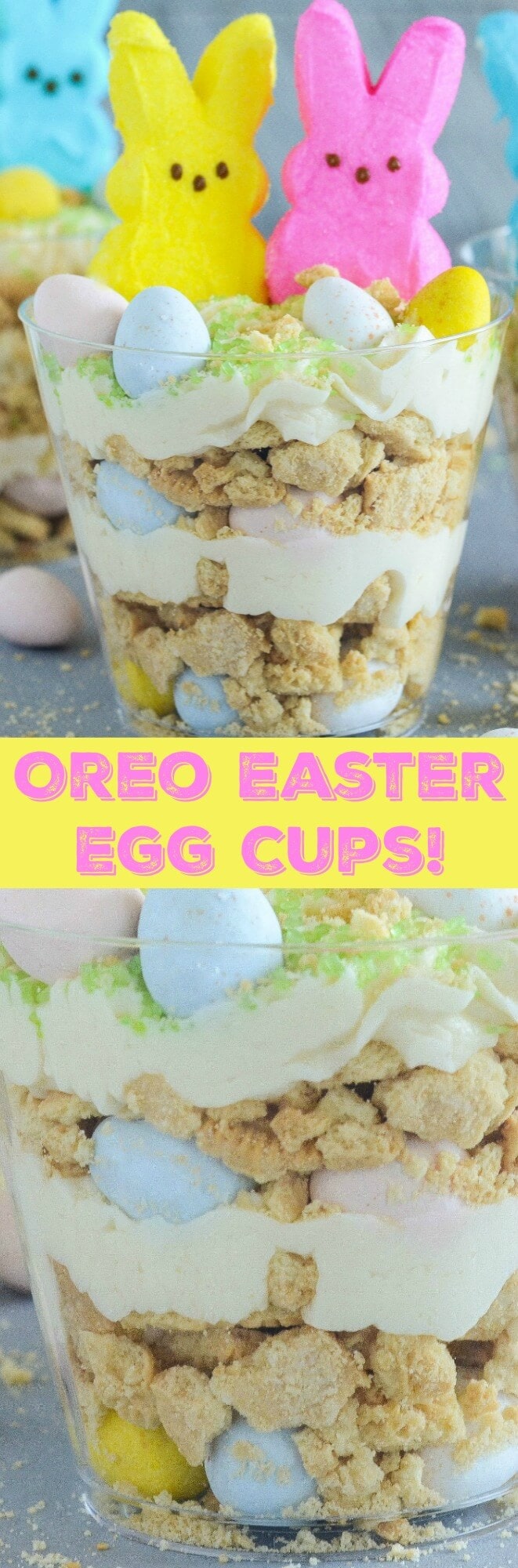 Oreo Easter Egg Cups - crushed vanilla oreos are layered with oreo cream filling buttercream and mini cadbury eggs!