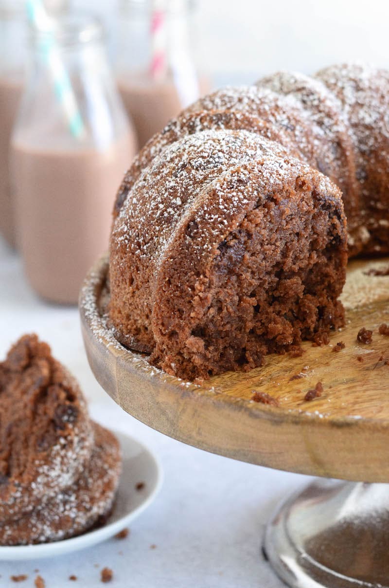 Chocolate Milk Bundt Cake: a sweet, moist homemade chocolate cake that is loaded with chocolate milk and chocolate chips to create the best bundt cake ever!