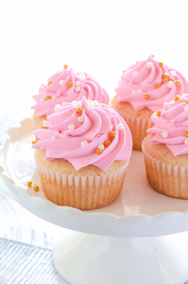 Pink Champagne Cupcakes are perfect for Mother’s Day or a bridal shower, with almost two cups of sparkling rosé, you can taste the champagne in every bite!