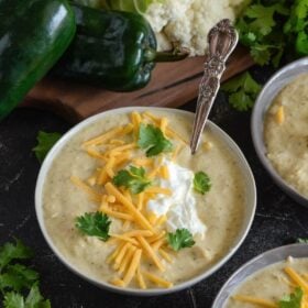 Roasted Poblano Chicken Cauliflower Soup is a creamy soup that is loaded with flavor, but still kid approved, and happens to be low carb and keto friendly!