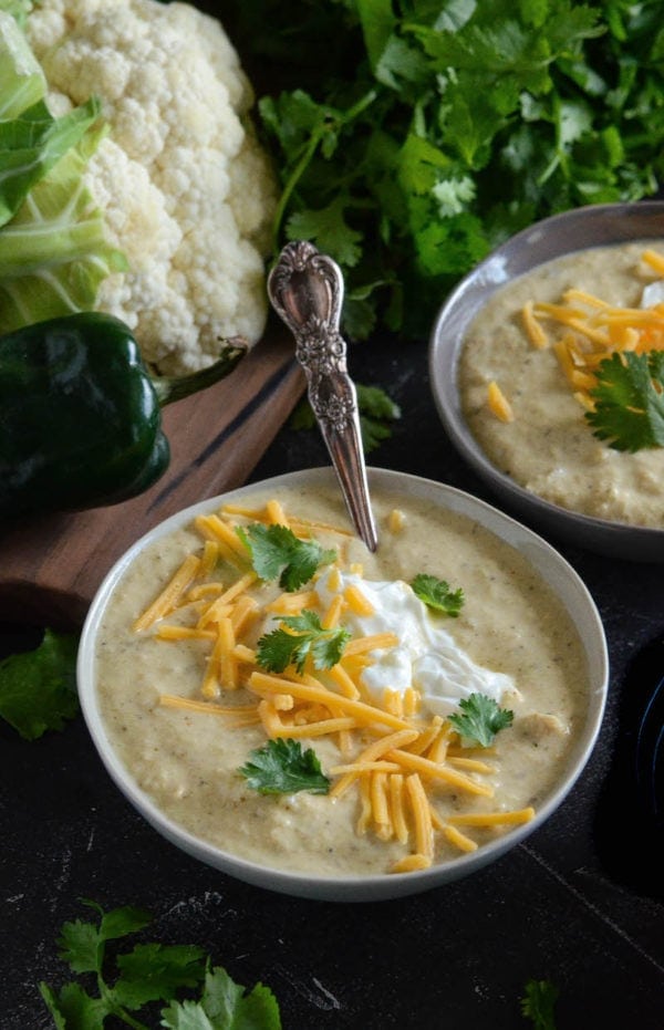 Roasted Poblano Chicken Cauliflower Soup